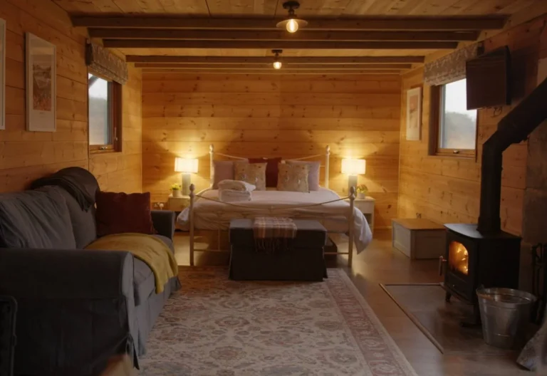 Open-plan lodge interior with king-sized bed and wood burning stove
